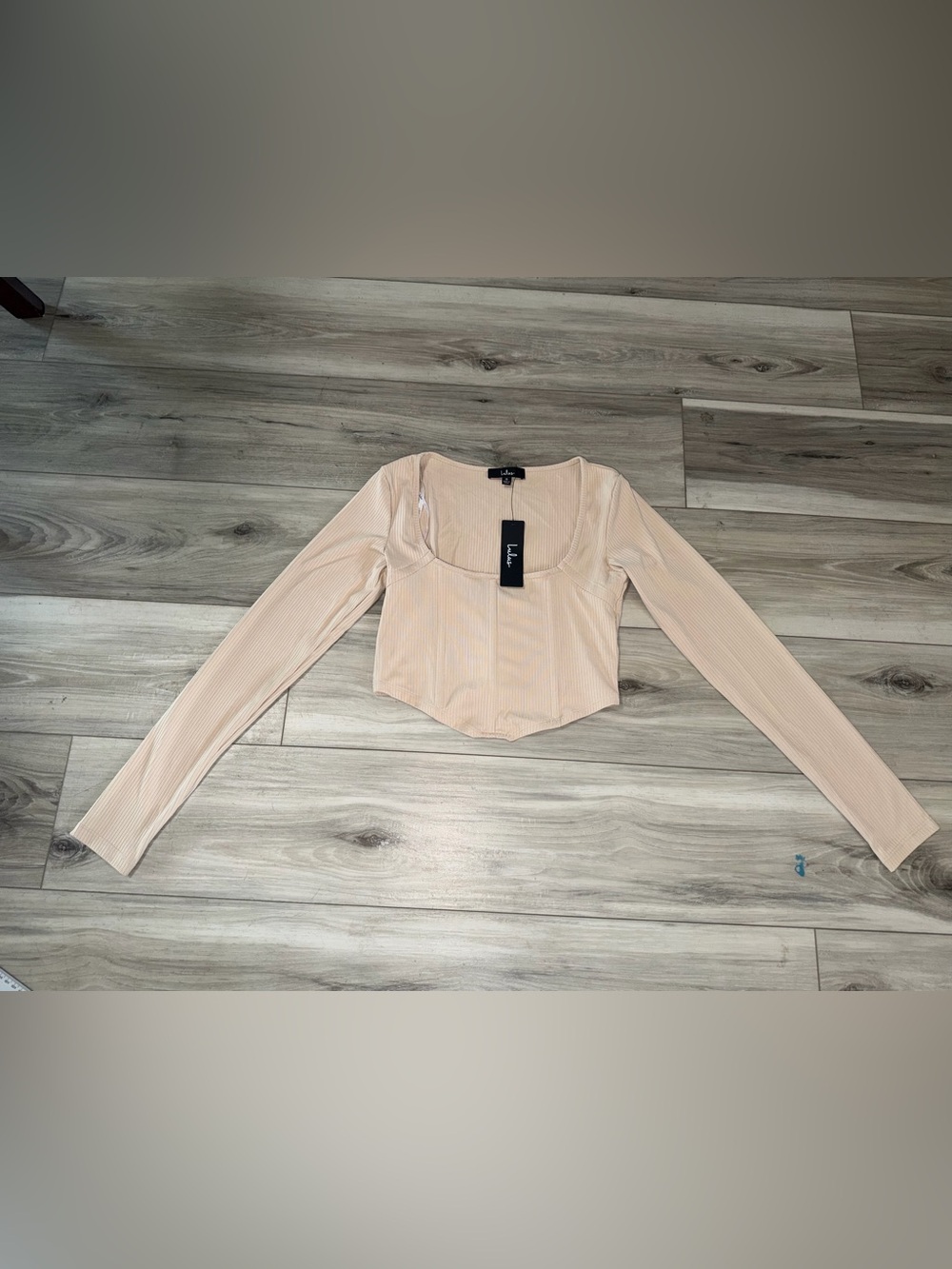 Lulu's Ribbed Long Sleeve Scoop Neck Crop Top in Light Peach